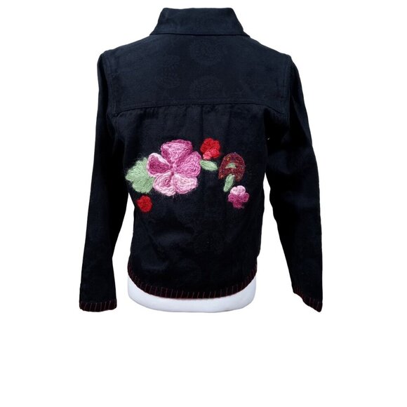 Choices Petite Womens Black Pattern Jacket Pink/Red Floral Applique Metal Button - Picture 5 of 12